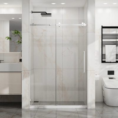 Porte de douche coulissante de 72 po de hauteur, 48 po de largeur, verre trempé de 6 mm, facile à nettoyer, réglable de 44 à 48 po de largeur, seuil anti-éclaboussures, poulies silencieuses, pièces coulissantes en douceur, anti-éclaboussures, réglable