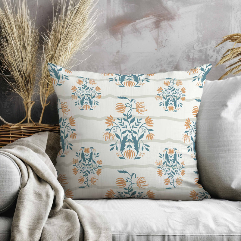 Coussin en faux suède à motif floral sophistiqué, Orange, Carré 16 po