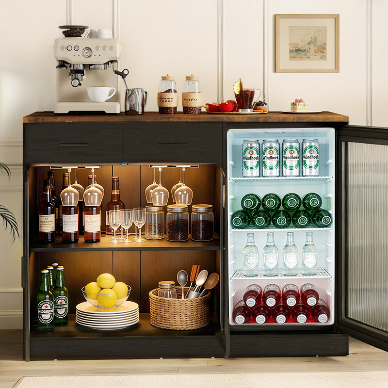 53.2" Wine Bar Cabinet with LED Lights & Power Outlets, Storage Buffet with Wine Glass Rack 