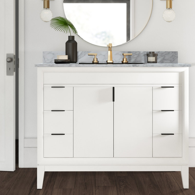 Ensemble de meuble-lavabo simple 43 po Emma, Marbre blanc de Carrare, Blanc