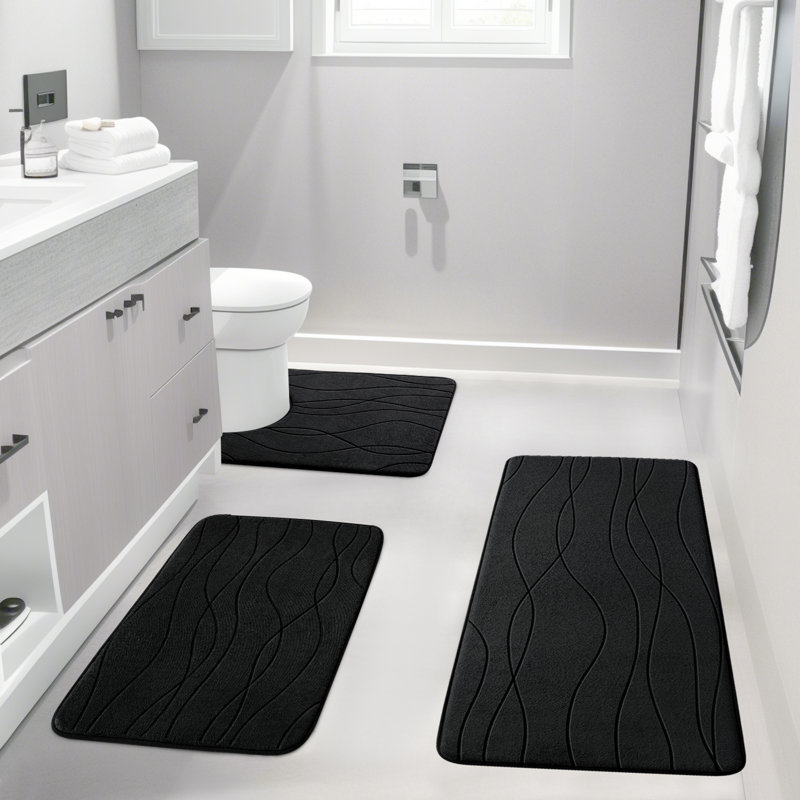 3 Piece Plush Memory Foam Bath Rug Set with Non-Slip Backing and High Absorbency, Black Geometric