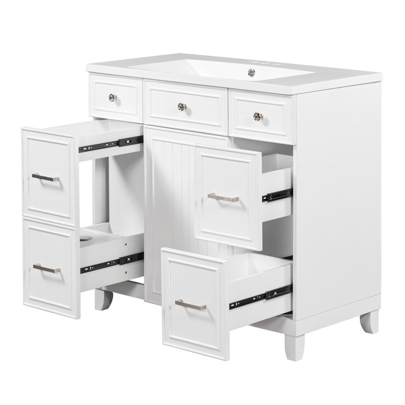 36'' Single Bathroom Vanity with Resin Top, White, Silver