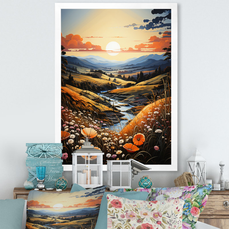 «Meadow Stream At Sunrise I», reproduction sur toile, Cadre simple blanc, H 44 po x l 34 po x P 1,5 po