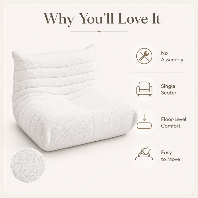 Chaise longue rembourrée en mousse Sherpa de 32,7 po de large avec capitonnage, Blanc