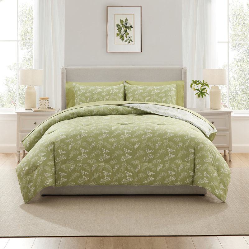 Nestl Botanical Bed in a Bag 7 piece Comforter Set with Sheets & Pillow Shams, Sage Green/Off White