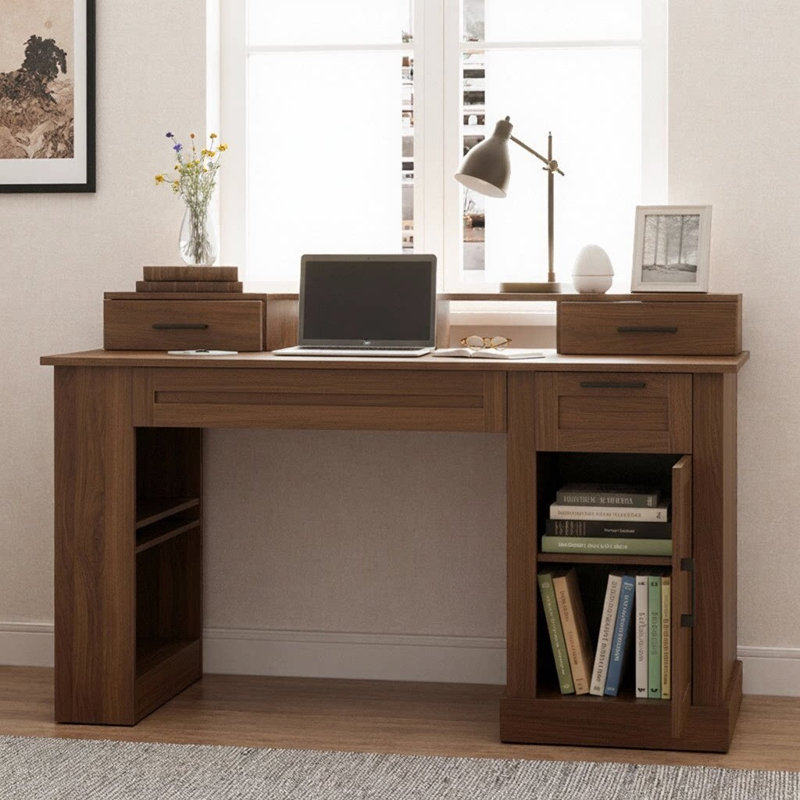 Farmhouse Office Desk With Storage Cabinet, Charging Station, Barn Door Design, Keyboard Tray, Monitor Stand And Pegboard