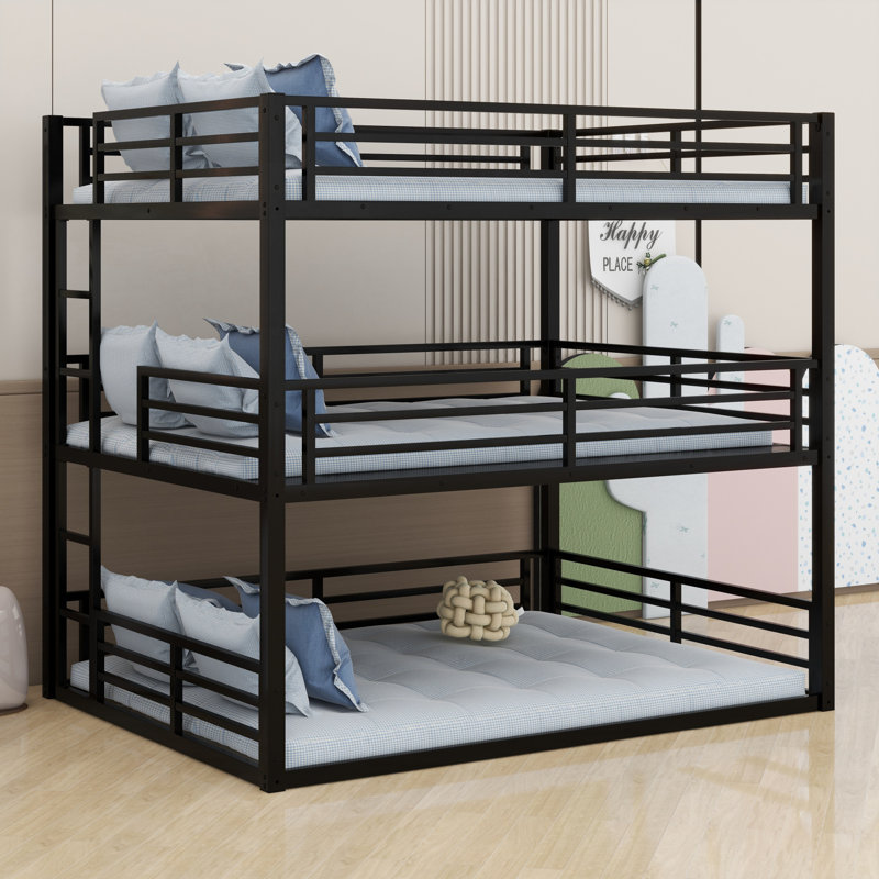 Metal Triple Bunk Bed With Guardrails, Black, Queen Over Full XL Over Queen