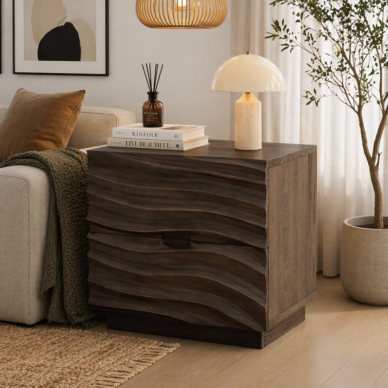 (ETA : 6.11-CA : 50) Table de chevet en bois massif, table de chevet avec 2 tiroirs, sans poignées, table d'appoint pour canapé, salon, chambre, brun