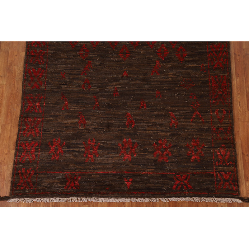 Tapis rouge / brun en laine noué à la main de conception unique 6 pi 7 po x 9 pi 11 po New Age