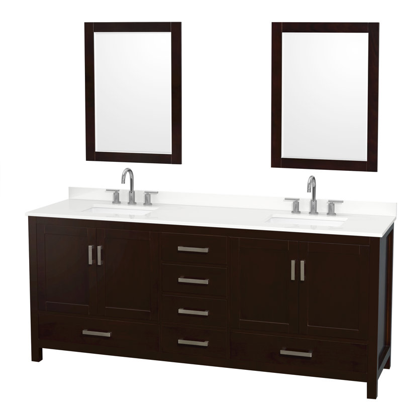 Meuble-lavabo double autoportant 80 po avec plateau en quartz Sheffield et miroirs 24 po Sheffield, Brun, Quartz blanc