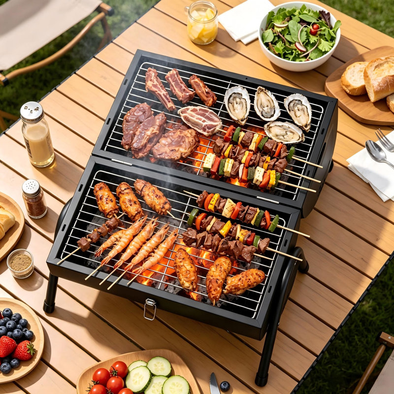 Barbecue au charbon de table à double face avec loquet de sécurité, gril portatif 2 en 1 et fumoir en noir