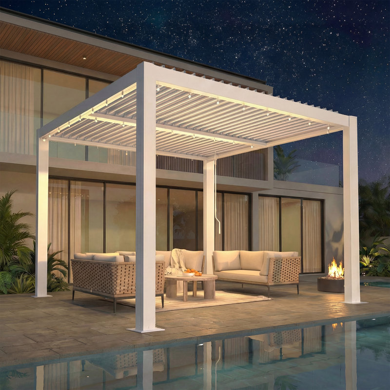  Erommy 10' x 10' Outdoor Pergola with Adjustable Louvered Roof & Integrated Drainage, Heavy-Duty Metal Louvered Pergola for Patios, White
