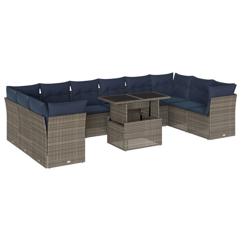 Ensemble de canapé de patio 11 pièces avec coussins en rotin de polyester, Gris, Marine