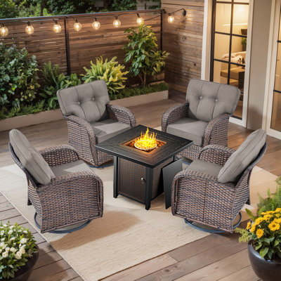 Fiorillo 4-Person Swivel Wicker Rattan Seating Group With Cushions And Square Metal Fire Pit Table
