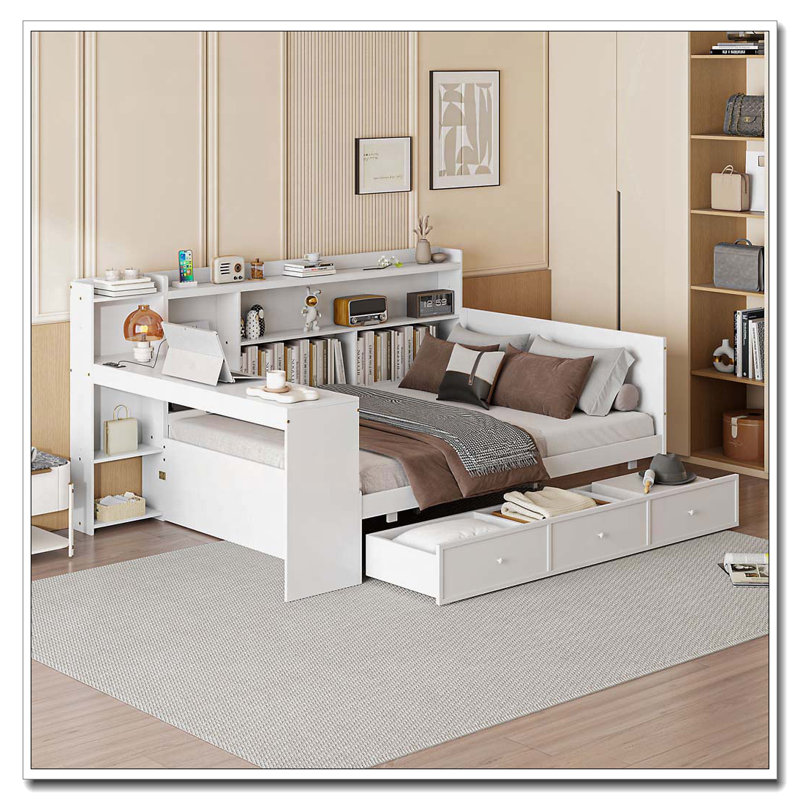 Lit de jour en bois avec 3 tiroirs, ports USB et bureau