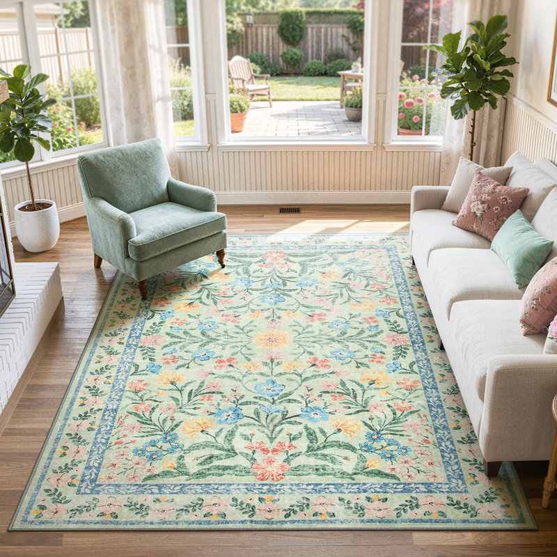 Kaldi Kaldi Oriental Botanical Floral Machine Washable Area Rug with Non-Slip Backing for Living Room, Dining Room, Bedroom