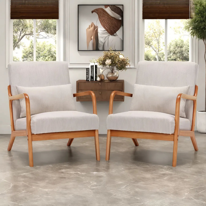 Ensemble de 2 chaises d'appoint rembourrées en bois massif avec coussin Mid-Century, Beige