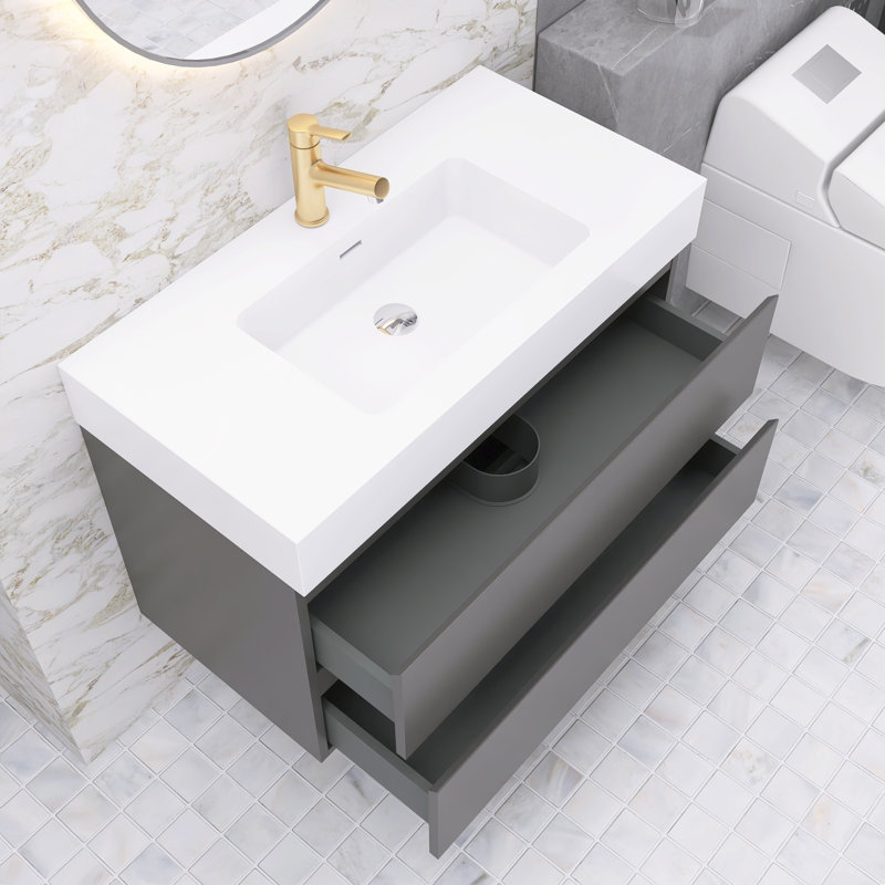 Meuble-lavabo simple Nihat, Gris clair, Blanc