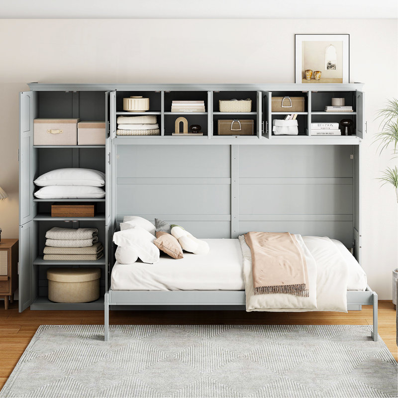 Grand lit escamotable mural avec armoires, gris, Gris