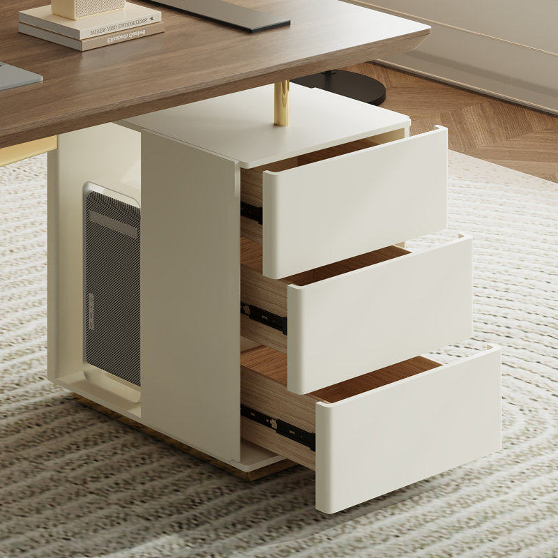 Luxury Walnut Finish Desk With Gold Legs Dual Storage And Wireless Charging