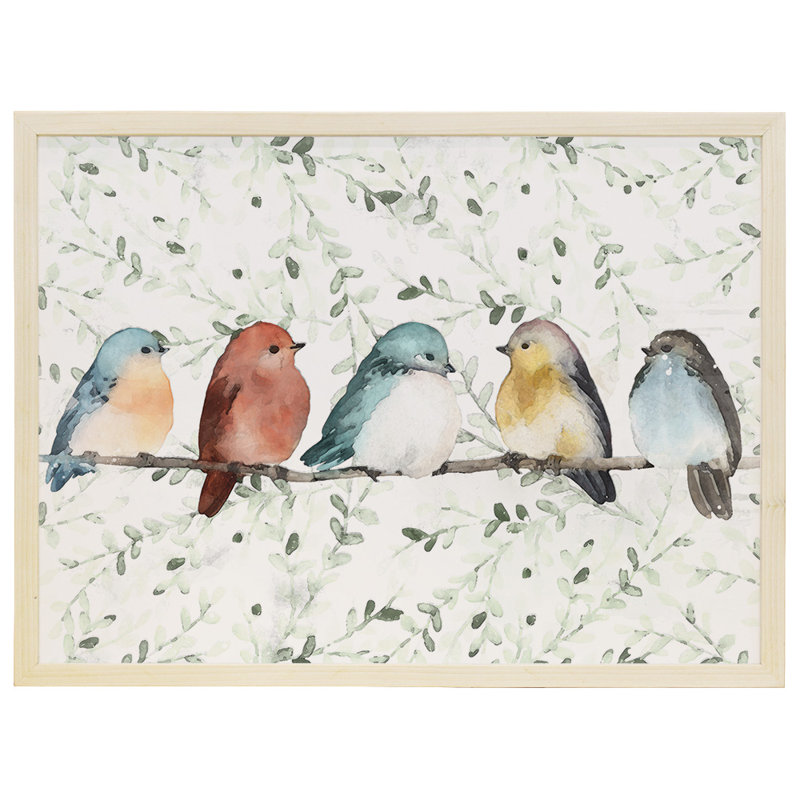 Watercolor Birds on Branch with Leaf Pattern Print