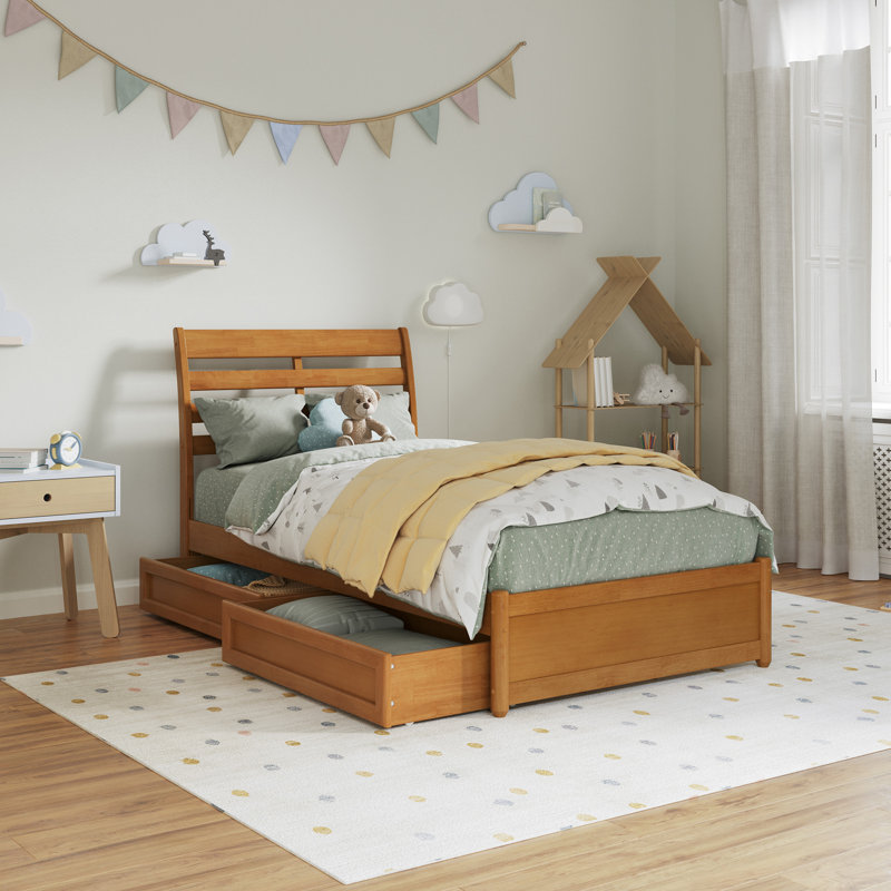 Lit plateforme avec rangement en bois massif et pied de lit Lamareon, Simple, Caramel clair