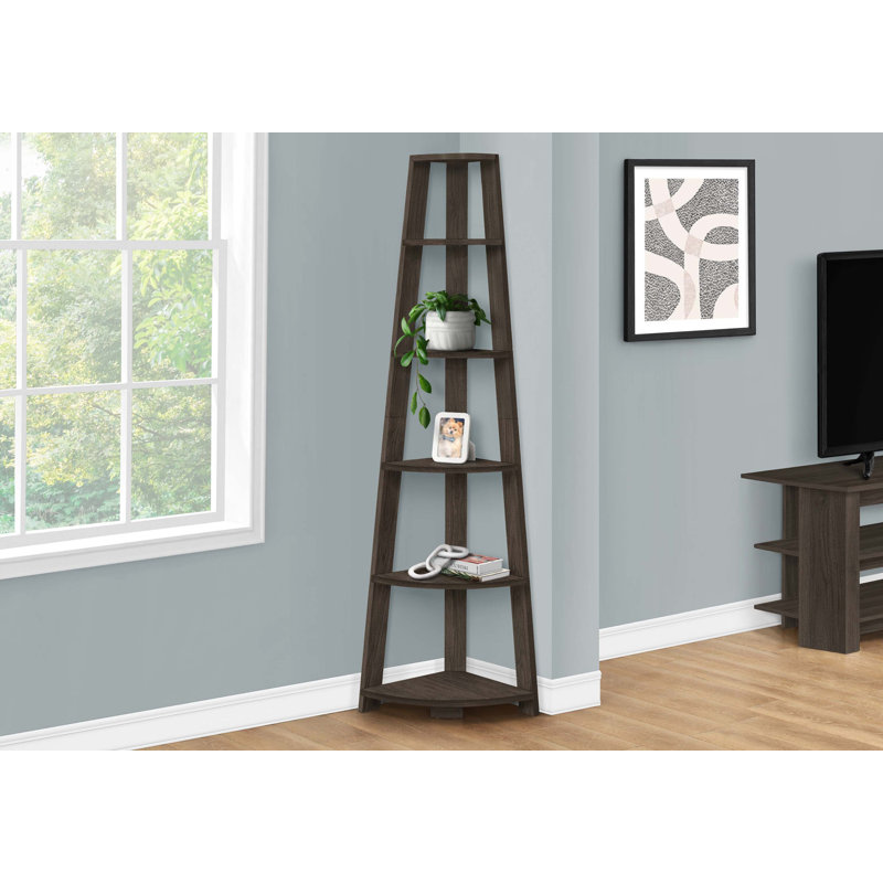 Hewitt Triangular Laminate Bookcase with Space Saving Contemporary Etagere for Office, Bedroom Corner Spaces, Dark Walnut