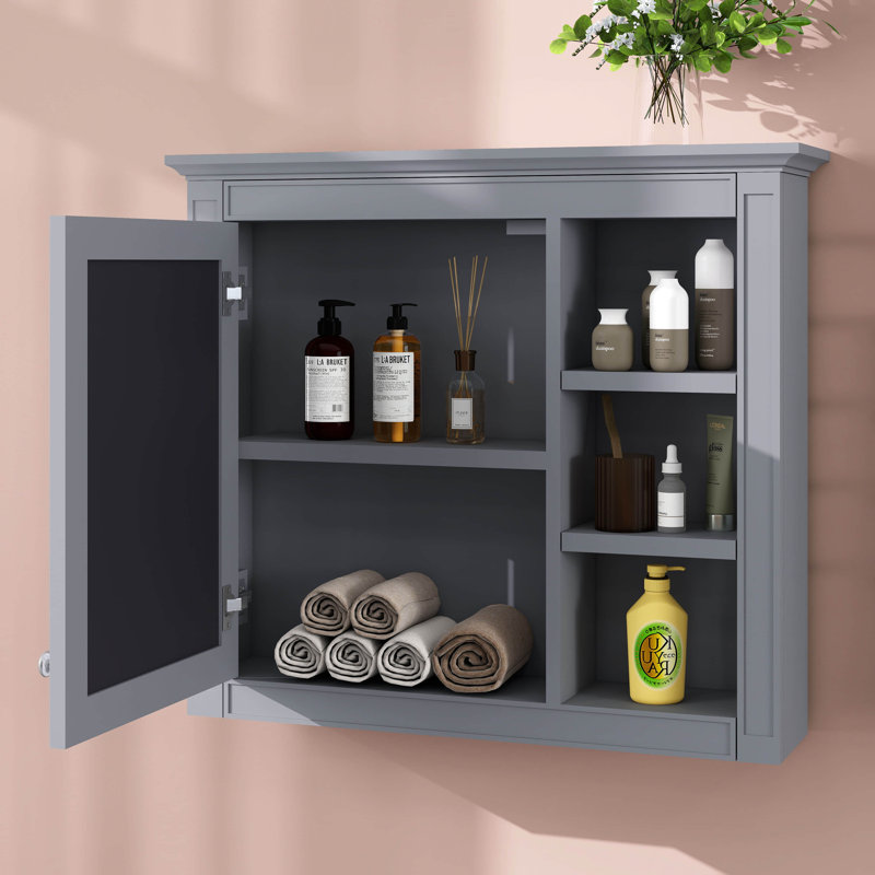Armoire murale 30 po x 28 po avec miroir, armoire à pharmacie avec 3 tablettes ouvertes (meuble-lavabo non inclus), Gris
