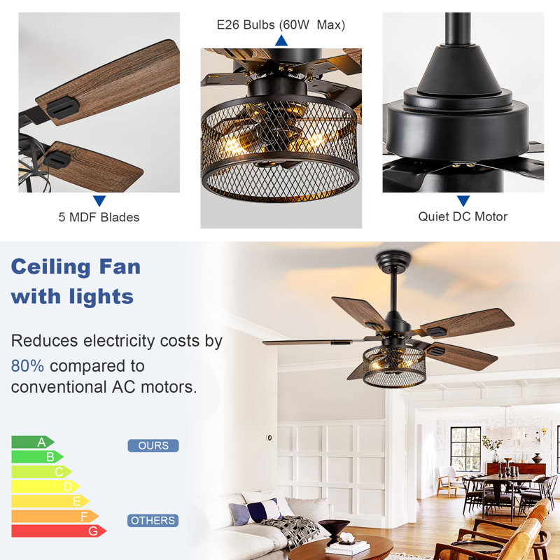 42 Inch Fine Net Caged Ceiling Fans with Lights, Dual Finish 5 Black Walnut Blades Hanging Fan, Rustic Ceiling Fan with Remote Control for Farmhouse Indoor/Outdoor Use