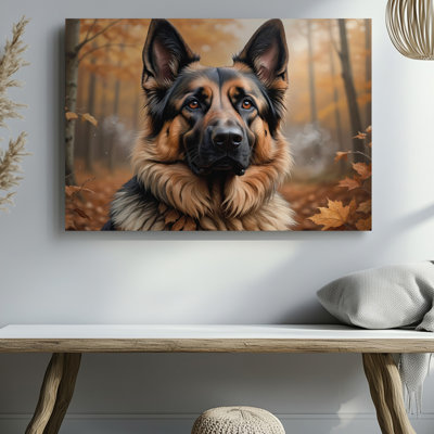 Reproduction d'art sur toile réaliste avec un berger allemand en automne