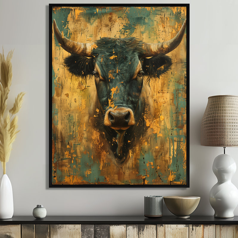 Reproduction d'art murale rétro, Taureau vert doré, Toile avec cadre flottant noir, H 32 po x l 16 po x P 1 po