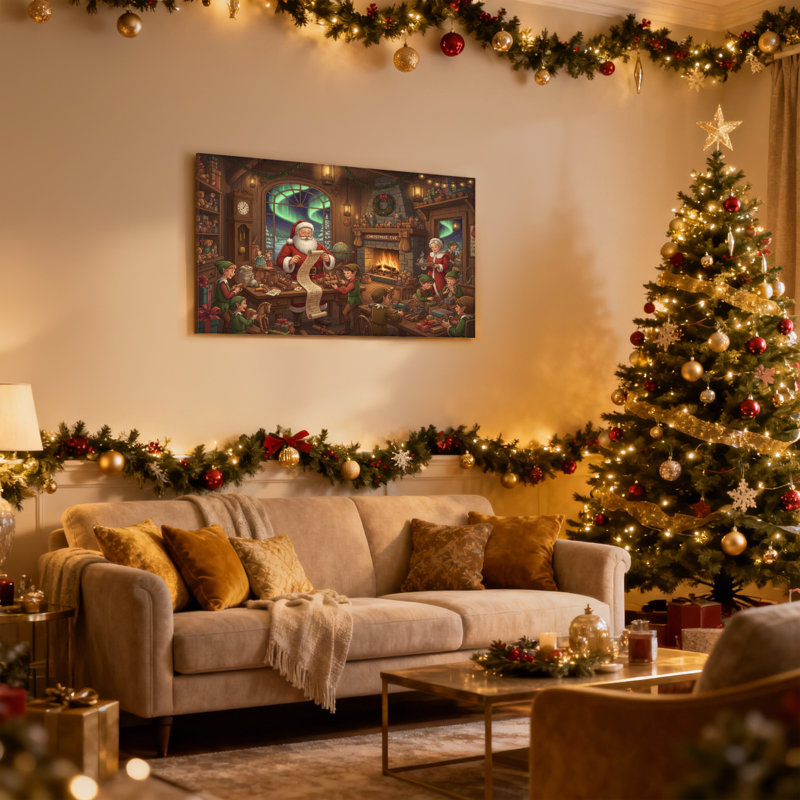 Noël, père Noël, liste de lecture, elfes, atelier, ensemble de 3 impressions sur toile, H 24 po x l 36 po
