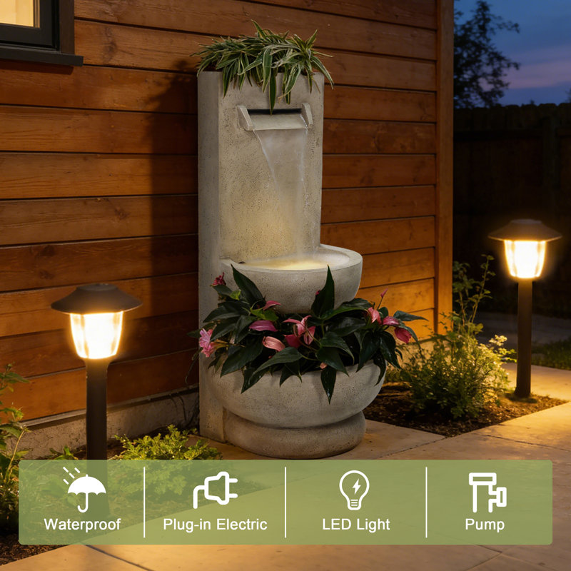 2.7-Ft Tall Polyresin Fountain with Planter, Lighted Outdoor Water Feature