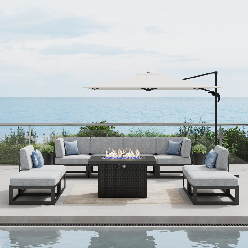 9 - Piece Outdoor Modular Sectional Set with Fire Table, Grey