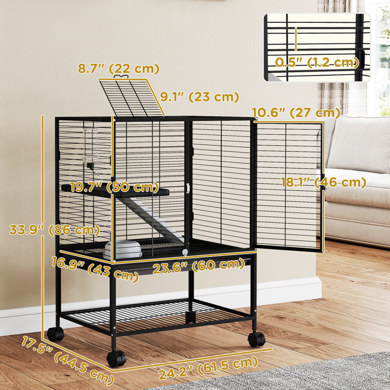 Cage à 2 niveaux pour petits animaux sur roulettes avec tablette, noir