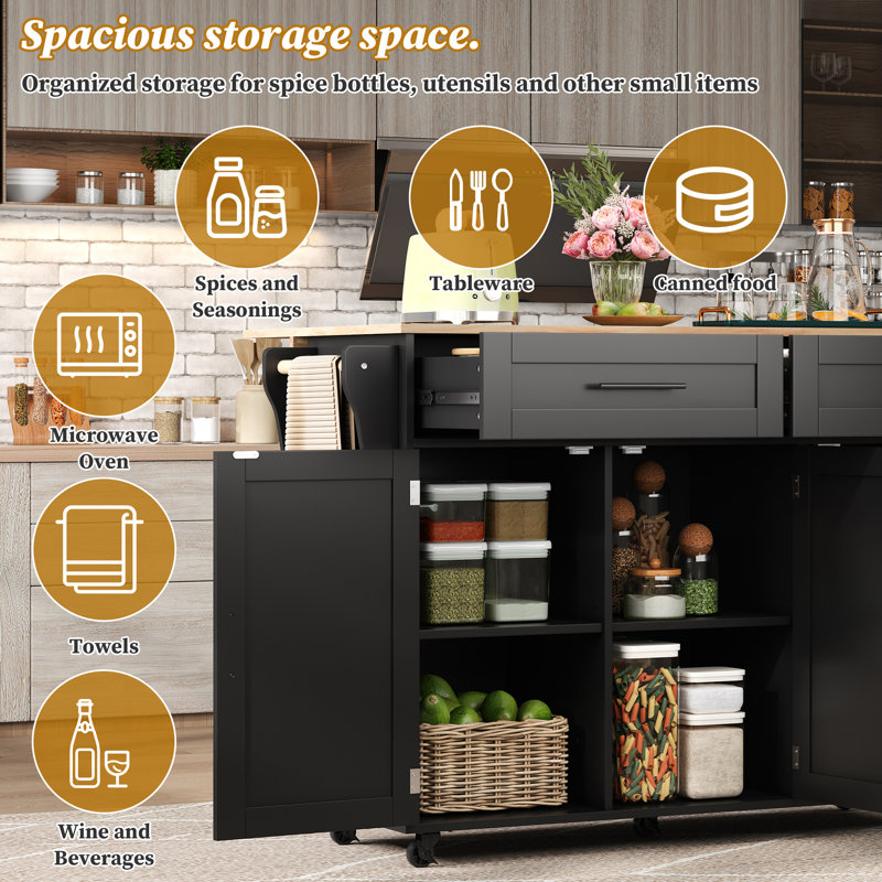 129 cm W Kitchen Cart with, Black