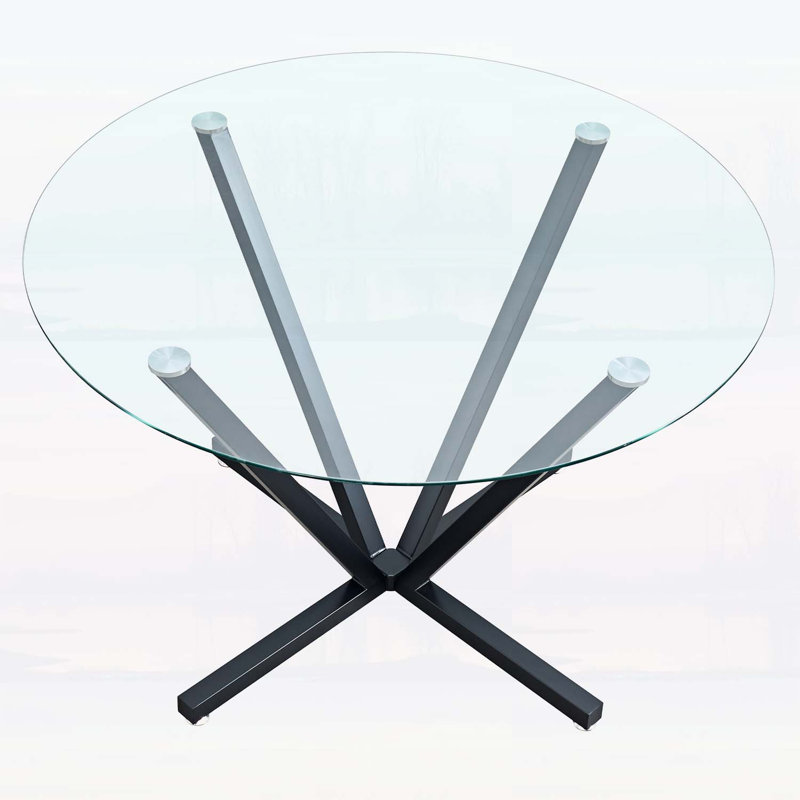 Table de salle à manger ronde en verre trempé de 45,27 pouces avec pieds en métal noir, facile à assembler pour les cuisines et les salons modernes