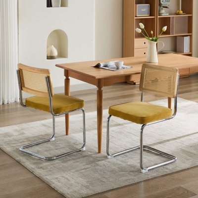Ensemble de 2 chaises de salle à manger, chaises d'appoint en velours avec dossier en canne naturelle et base en acier inoxydable, célèbres chaises conçues par Breuer, chaises de cuisine rembourrées en rotin