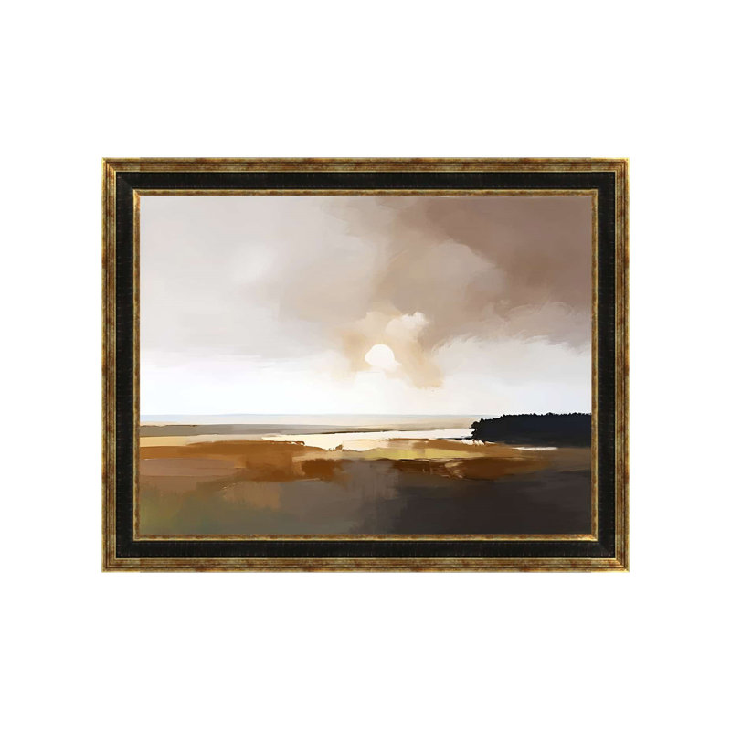 Cole et toile grise, paysage de lac, art mural de salon brun avec cadre doré rustique