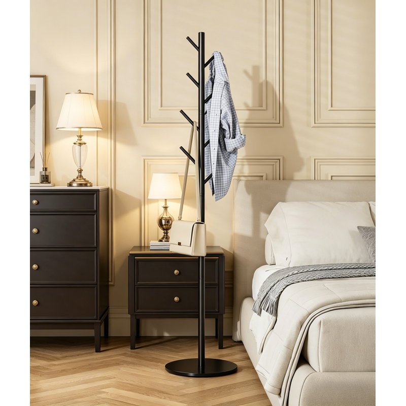 Modern Black Metal Coat Rack With 8 Hooks And 3 Adjustable Positions; Sturdy Sintered Stone Base; Versatile For Storing Clothes, Hats, And Bags.