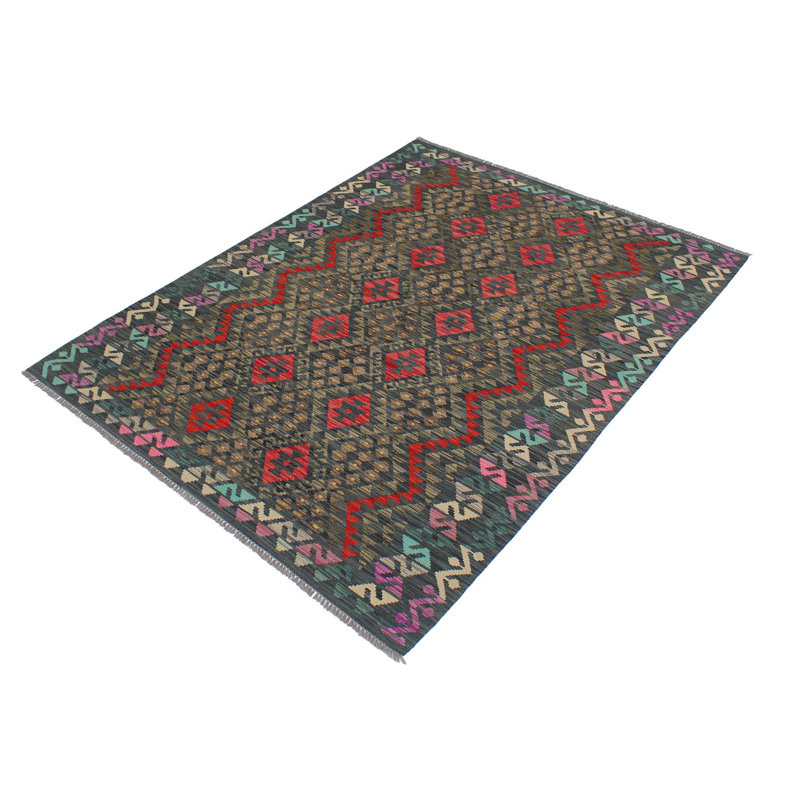 Tapis gris anthracite / rouille en laine tissé à la main à motif tribal / géométrique / sud-ouest de couleur cépage Cedorah