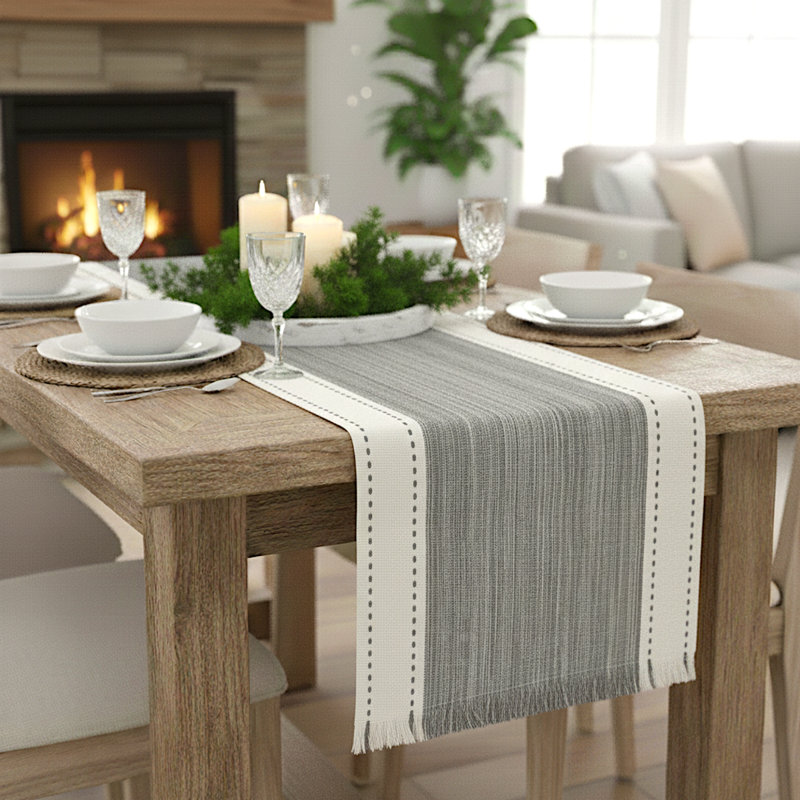 Cotton Woven Striped Table Runner,  Dining Table Cloth Runner, Farmhouse Style Dresser Scarf, Short Coffee Table Cover Gray 14" x 48"