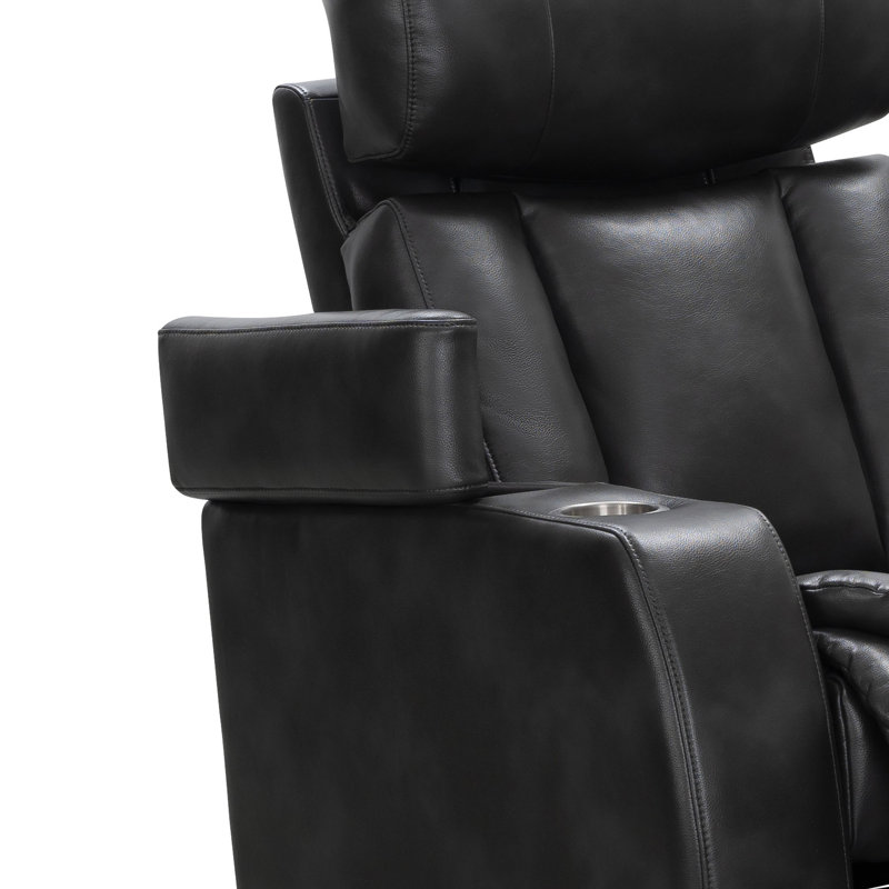 Causeuse de théâtre en cuir véritable Asahd de 74 po de largeur avec porte-gobelet, Cuir véritable noir