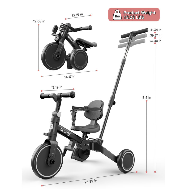 besrey 4 in 1 Toddler Bike, Toddler Tricycle for 1-3 Year Old, Trike with Push Handle, Backrest and Safety Belt, Birthday Gifts and Toys for Boys and Girls, Balance Bike