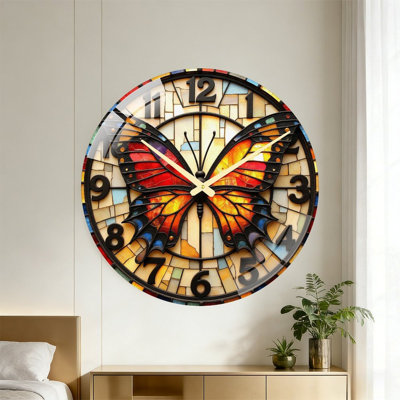 Horloge murale papillon vitrail - 24 po