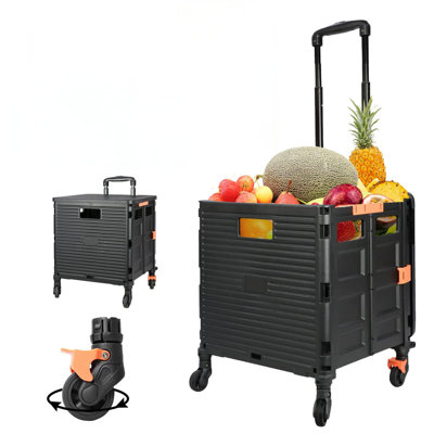 Foldable Utility Cart Portable Rolling Crate Handcart Shopping Trolley Collapsible Tool Box With Rotate Wheels Durable Duty Plastic Telescoping Handle Lid(Black)