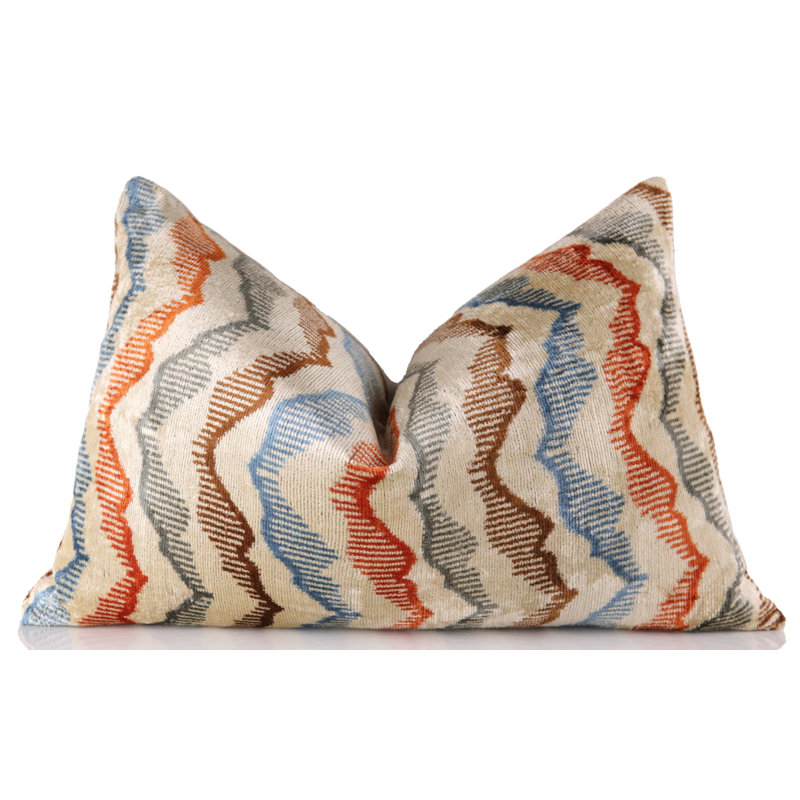 Coussin en velours fait à la main - Motif zigzag terre (16 x 24)