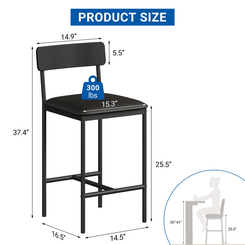 4 pcs Black 37 inch Bar Stools Kitchen Bar Stools with Footrest PU Upholstered Counter Height Barstools Bar Chairs with Back for Kitchen Island