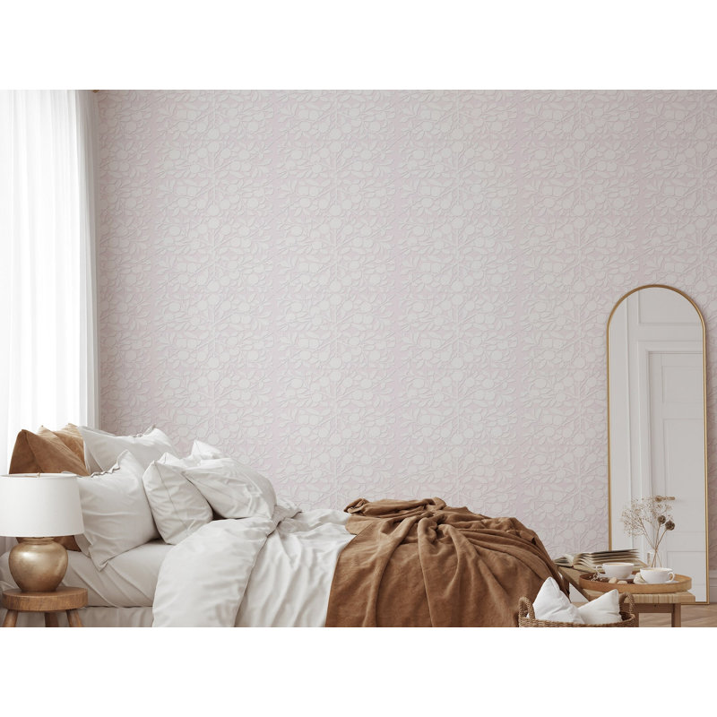 The Signature Peach on the Vine 10' L x 24" W Wallpaper Roll, Pink, Faux Grasscloth