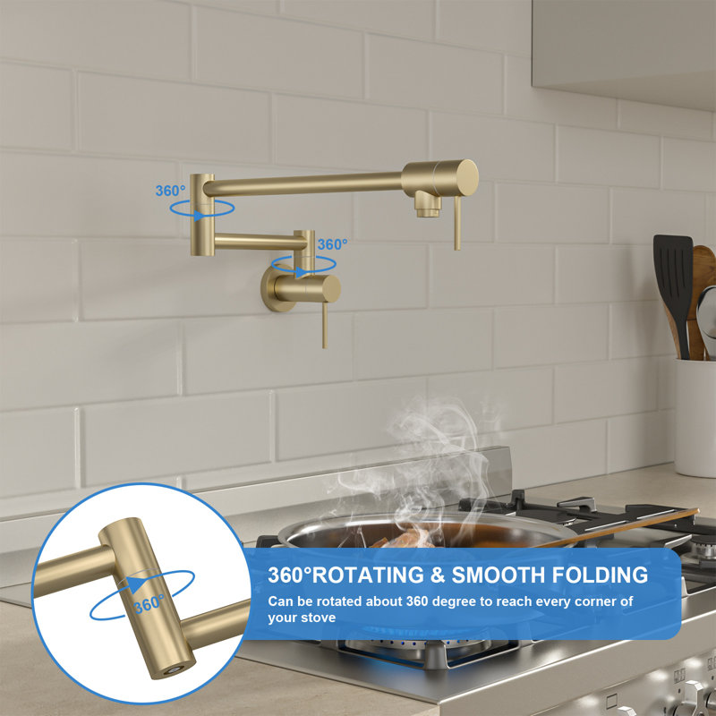 Pot Filler Faucet Kitchen Faucet Folding Stretchable Brass Faucet with Two Handles Wall Mount, Brushed Brass